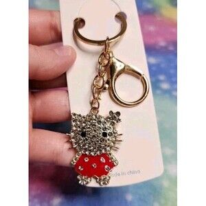 Hello Kitty Red Dress Rhinestone Keychain With Clip Bling Sanrio Character